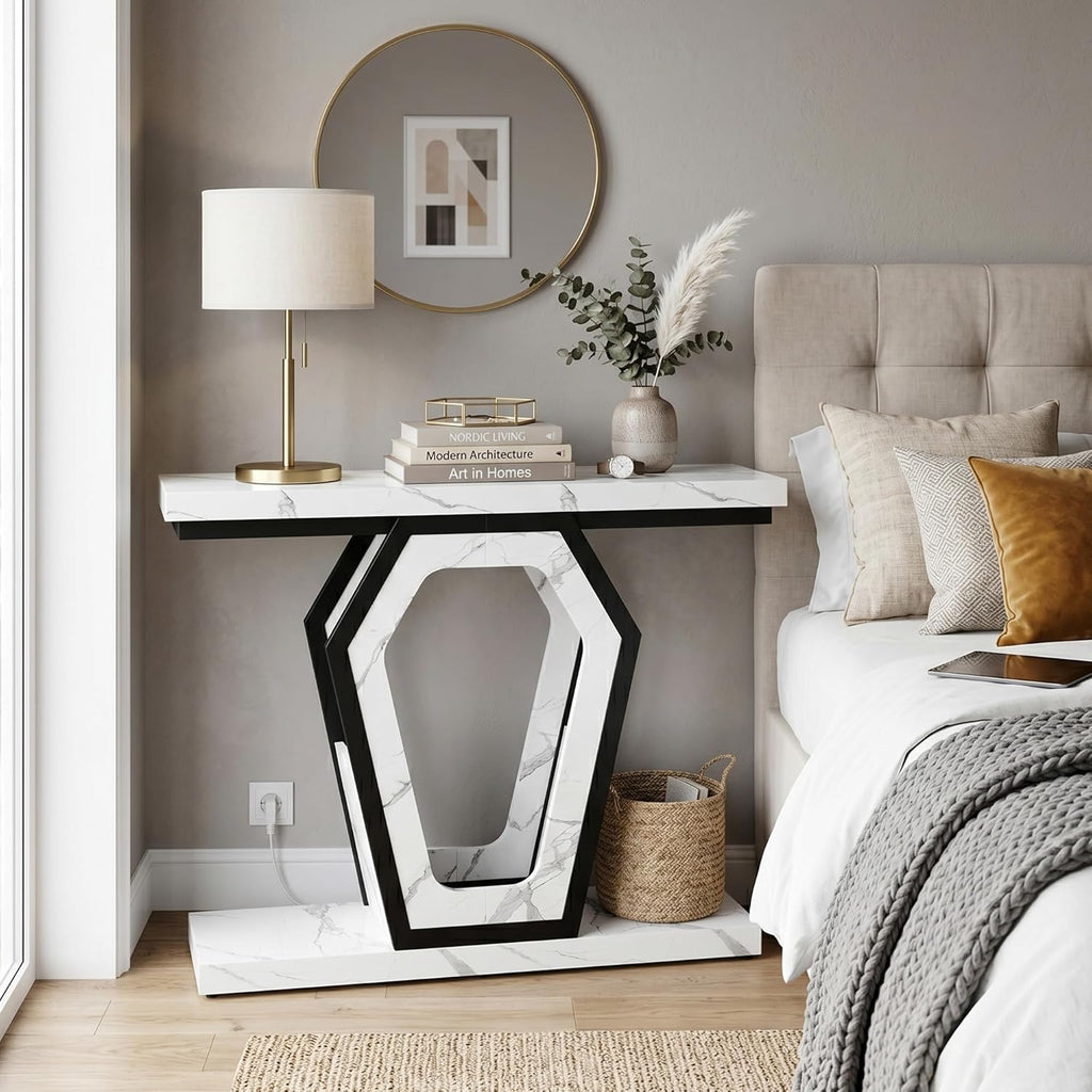 senlin Sofa Table 47.3 Inch Narrow Console Table with Openwork Frame, Industrial Entryway Table for Hallway, Rustic Wood and Metal, Adjustable Leg Pads, Easy Assembly（White Marble Texture）