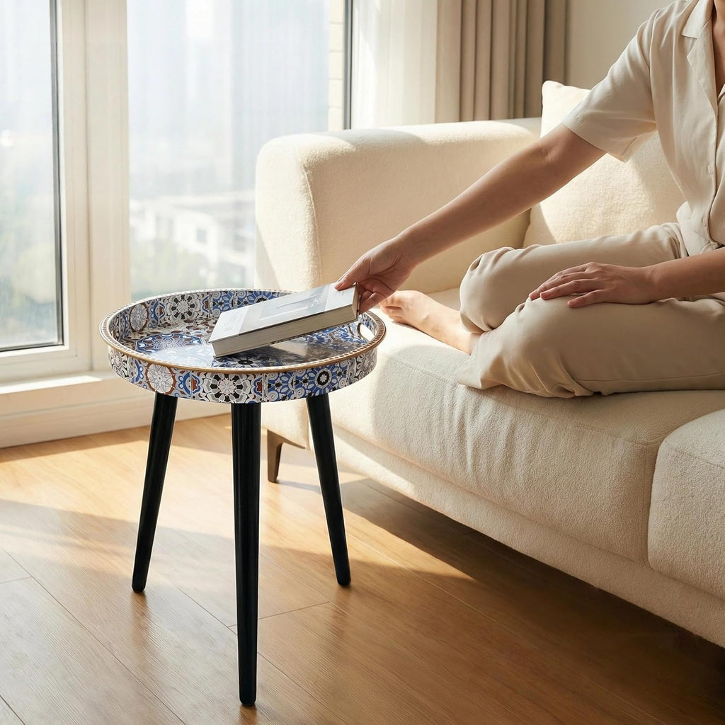 Round Indoor Side Tables with Detachable Wooden 3 Legs, Versatile Tray Table, Perfect for Round Coffee Table Tea, and Relaxation Time 17.7 Inch (33 Bohemian)
