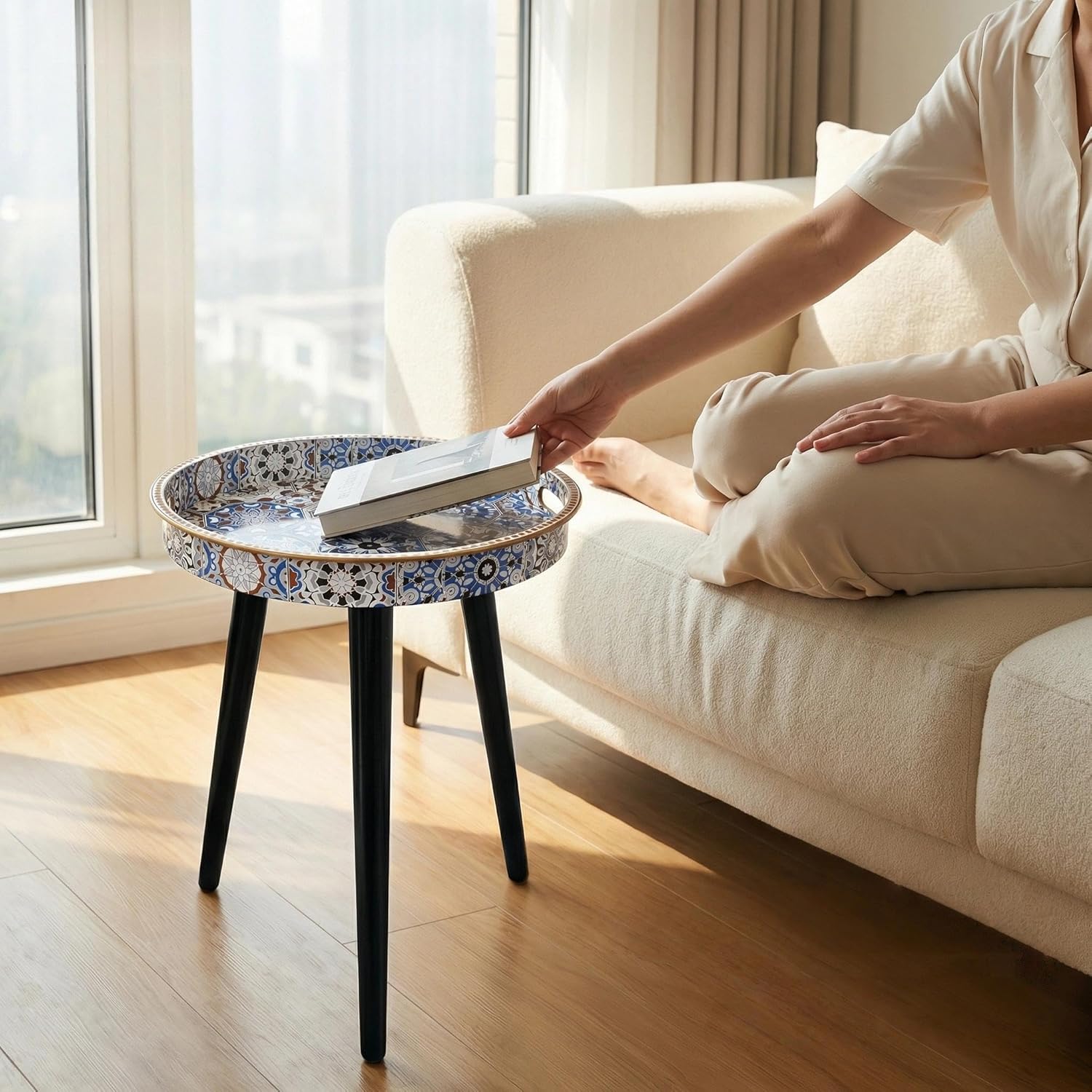 Round Indoor Side Tables with Detachable Wooden 3 Legs, Versatile Tray Table, Perfect for Round Coffee Table Tea, and Relaxation Time 17.7 Inch (33 Bohemian)