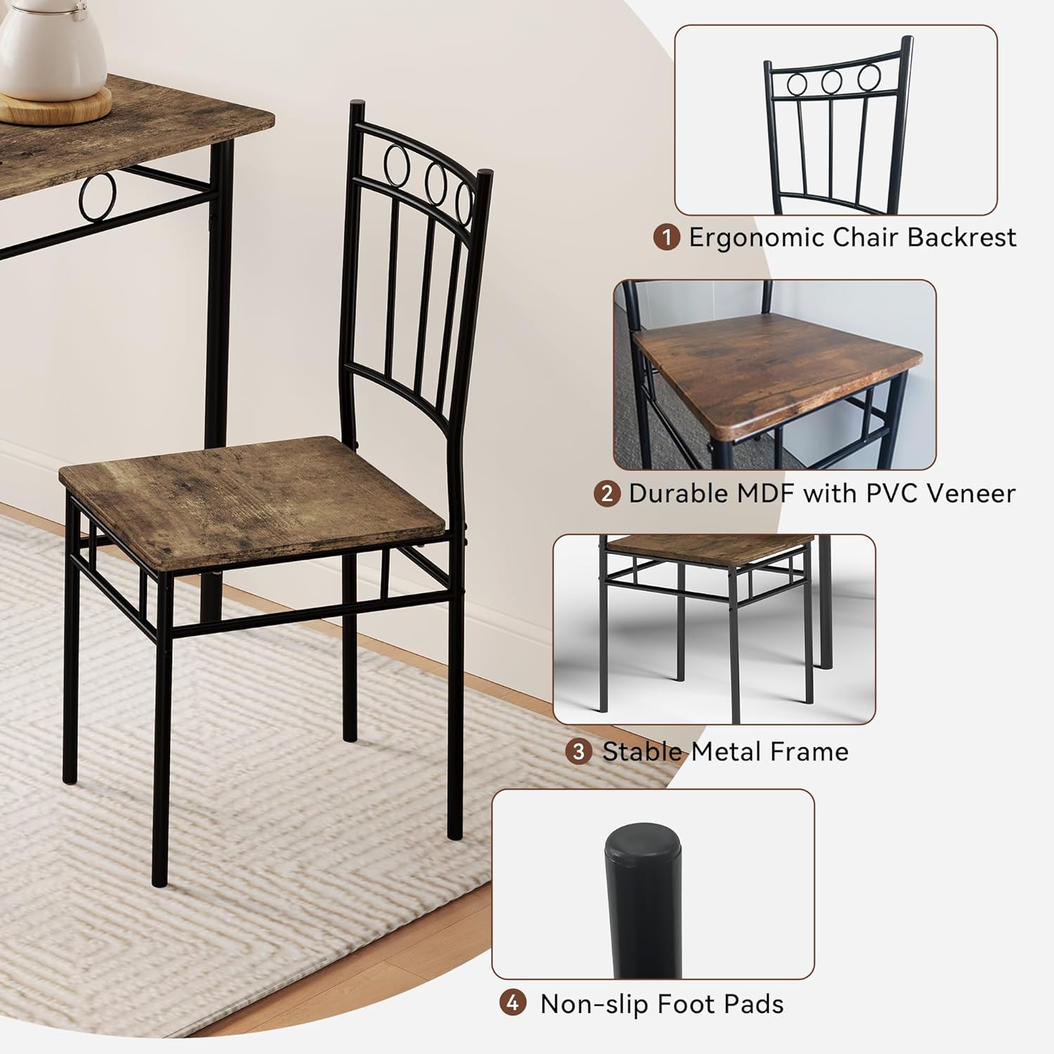 Vipbear Kitchen Dining Table Set for 4, 5-Piece Kitchen Table Set,Dining Room Table Sets,Rectangular Kitchen Table Set with 4 Chairs for Small Space, Dinette,Apartment,Rustic Brown