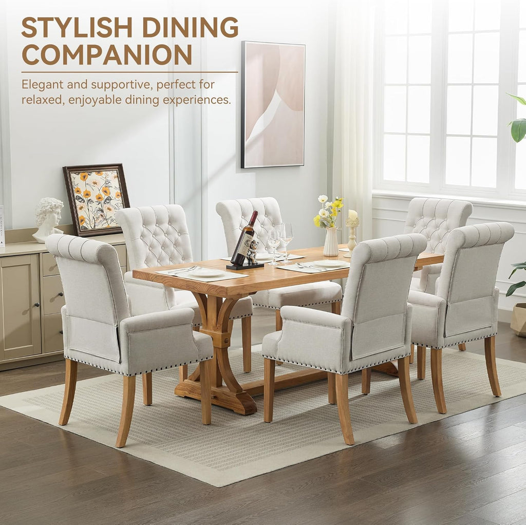 WUTUTUEE Fabric Dining Chair with Arms, Upholstered Tufted High Back Dining Room Chairs, Accent Armchair with Solid Wood Leg and Nailhead Trim, Kitchen Dining Living Room, Beige