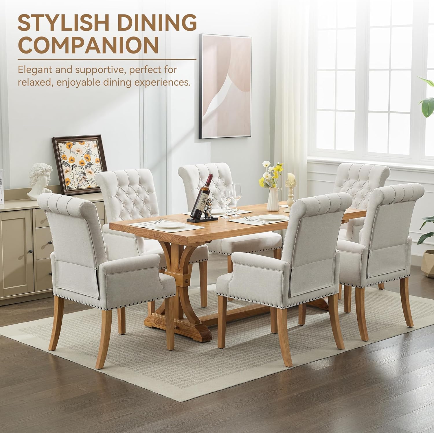 WUTUTUEE Fabric Dining Chair with Arms, Upholstered Tufted High Back Dining Room Chairs, Accent Armchair with Solid Wood Leg and Nailhead Trim, Kitchen Dining Living Room, Beige