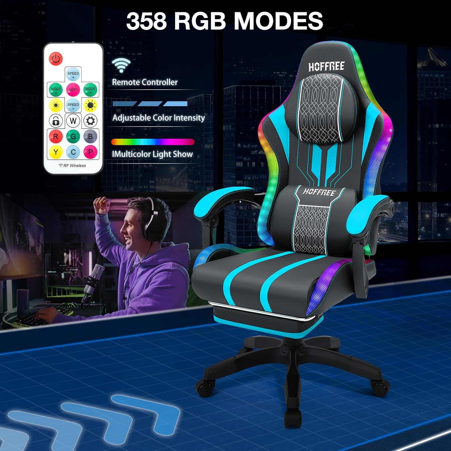 HOFFREE Led Gaming Chair with Speakers and Massage Video Game Chair Big and Tall for 400lbs with Footrest Reclining High Back Computer Desk Chair Blue and Black