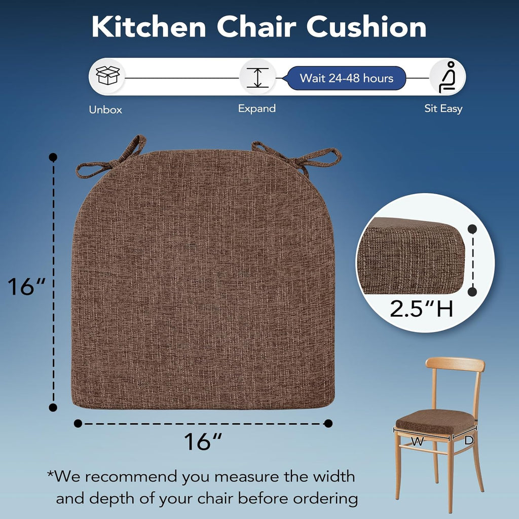 Chair Cushions for Dining Chairs, Non Slip Chair Pads with Ties and Washable Covers, Memory Foam Kitchen Chair Cushions Set of 4, 16"X16"X2.5", Brown