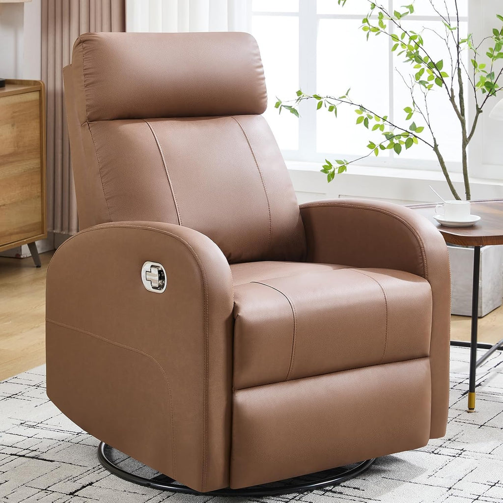 Swivel Rocker Recliner Chairs, Manual Faux Leather Recliners, 360° Swivel Nursery Reclining Chair Glider Rocking Recliner with Adjustable Headrest Highback for Living Room, PU Coffee