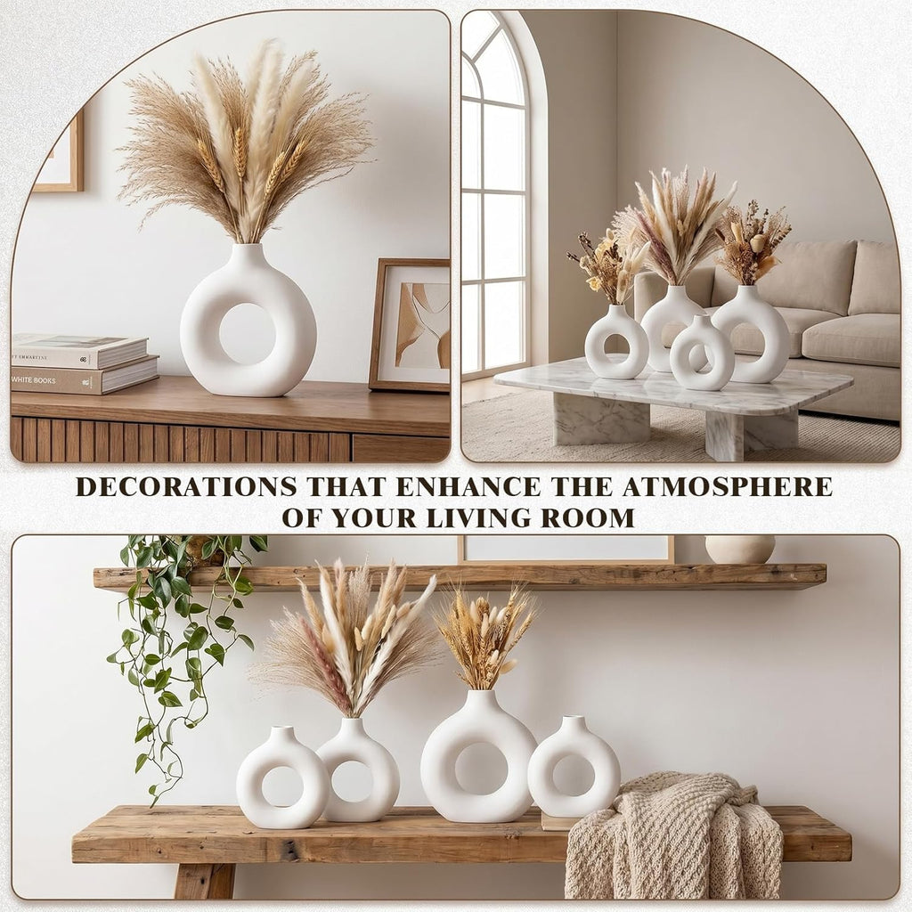 Suclain 6 Pcs White Boho Vase for Pampas Grass Plastic Modern Donut Flower Vase Minimalist Nordic for Wedding, Boho Party Decoration, Home Table Centerpiece, Floral Arrangements Living Room Decor