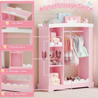Xilingol Kids Armoire with Jewelry Cabinet, Dress up Storage with Mirror and Shelves, Princess Dress Closet and Costumes Wardrobe Closet, Costume Organizer for Bedroom, Kids Room, Girls (Pink)