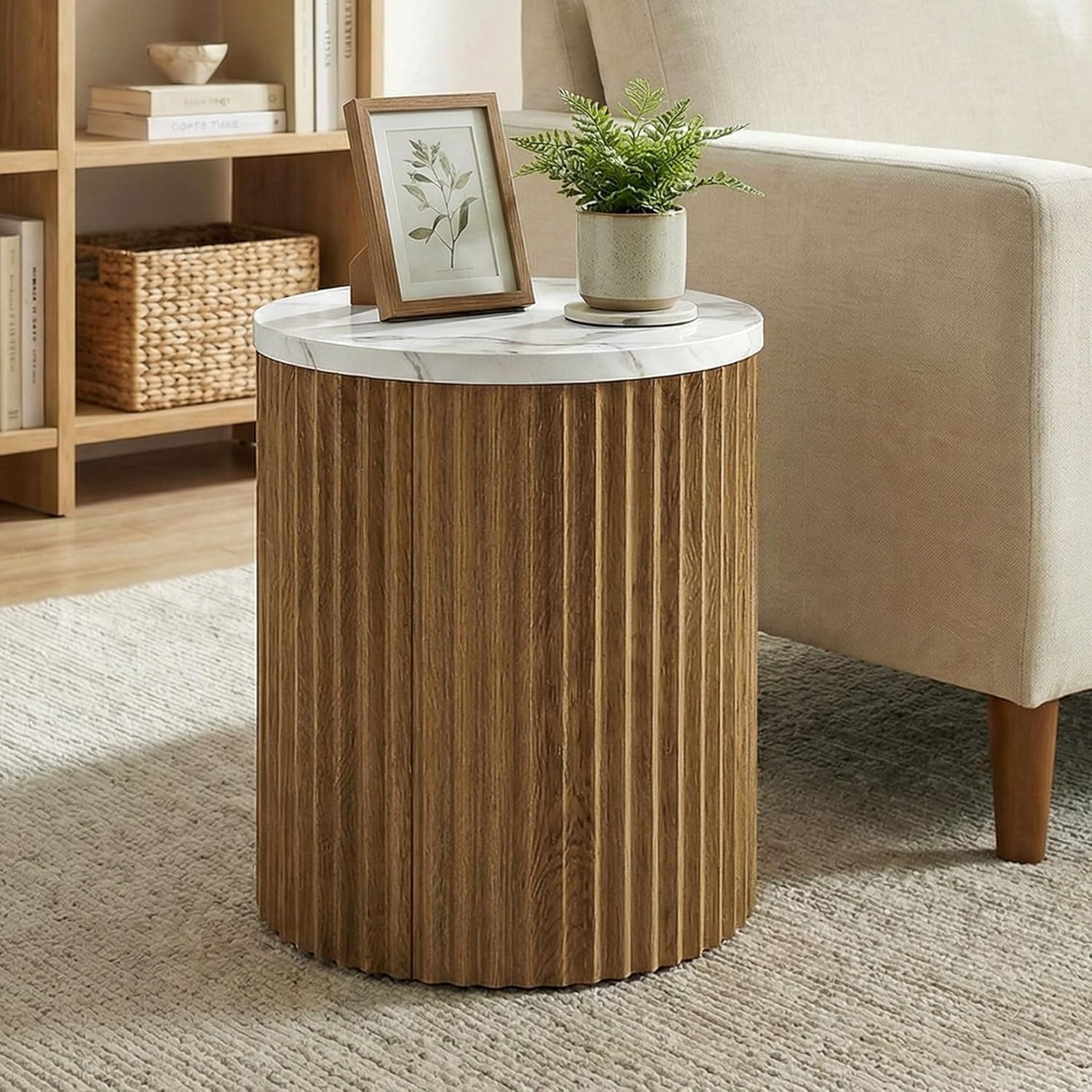 23.6-inch Round Side Table with Faux Marble Top, Drum Shape & Fluted Base - Stylish Small Nightstand for Living Room & Bedroom Decor Brown & White