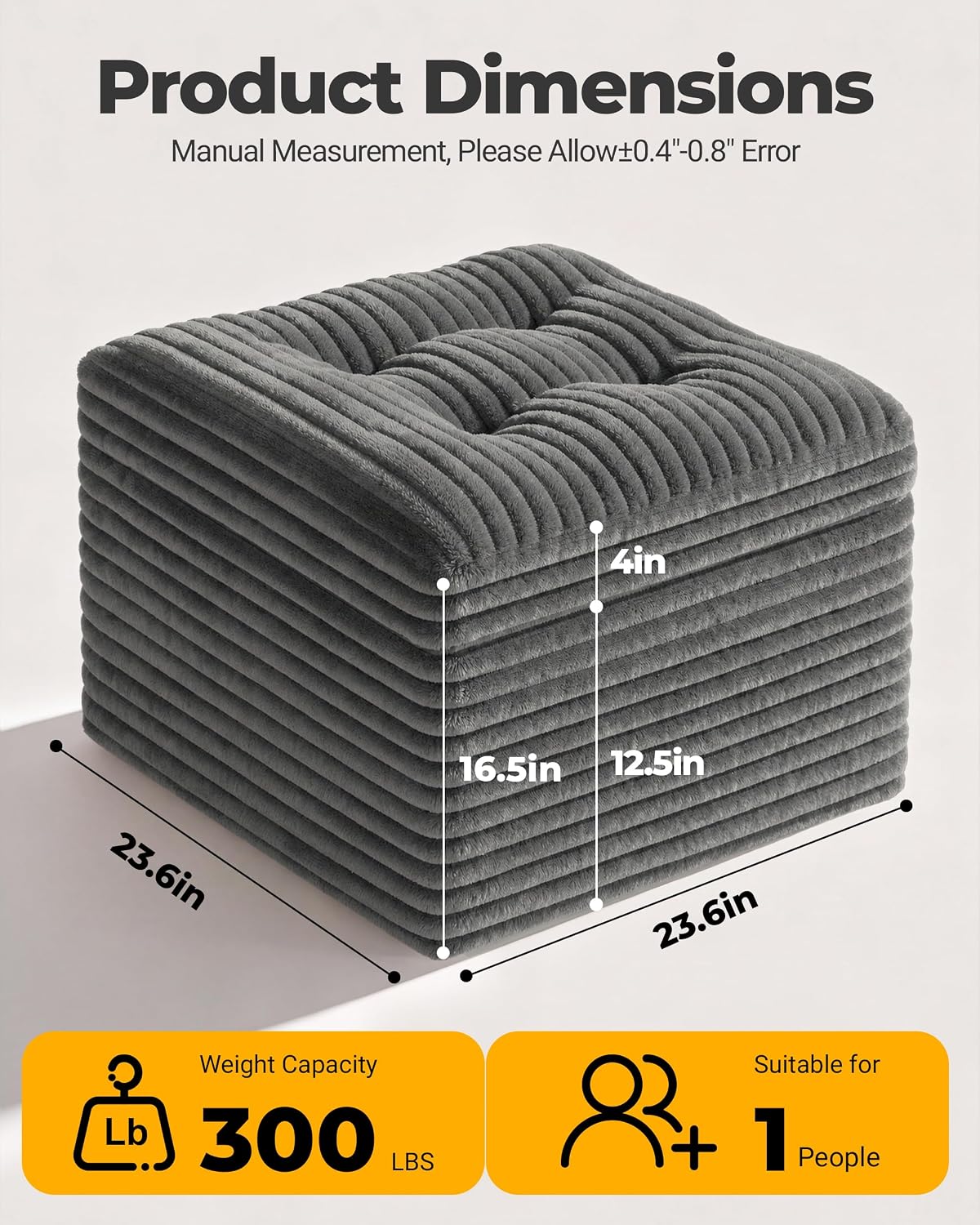 23.6in Pouf Ottoman, Corduroy Ottoman Foot Rest with Dual‑Layer Support, Large Poofy Pouf with Soft Chunk‑Foam Top & Firm Foam Base, Floor Foot Stool for Living Room, Dark Grey