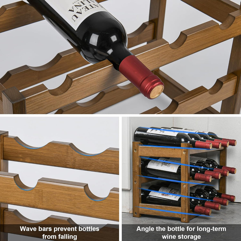 VASMIA Bamboo Wine Rack, Sturdy and Durable Wine Storage Cabinet Shelf, Wine Racks Countertop for Pantry,Kitchen,3-Tier 12 Bottles Wine Rack, Walnut