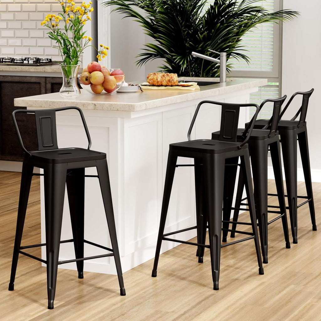 30 inch Metal Bar Stools Set of 4 Bar Height Stools with Backs Industrial Low Back Bar Chairs for Indoor Outdoor Matte Black