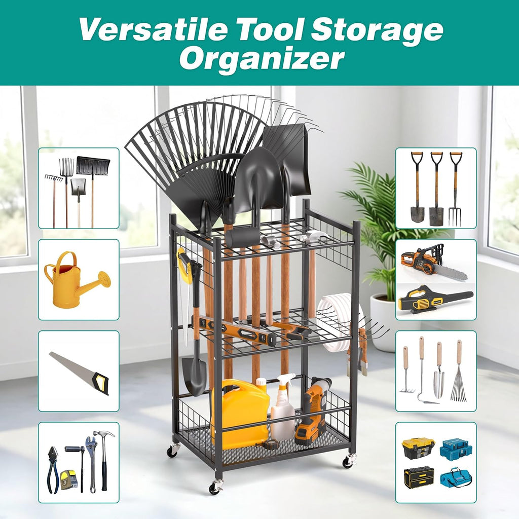 EVERHANGER Garden Tool Organizer, Garage Tool Storage Organization, Yard Tool Racks with lockable wheels, Fit for Long-Handled Tools, Indoor/Outdoor Use