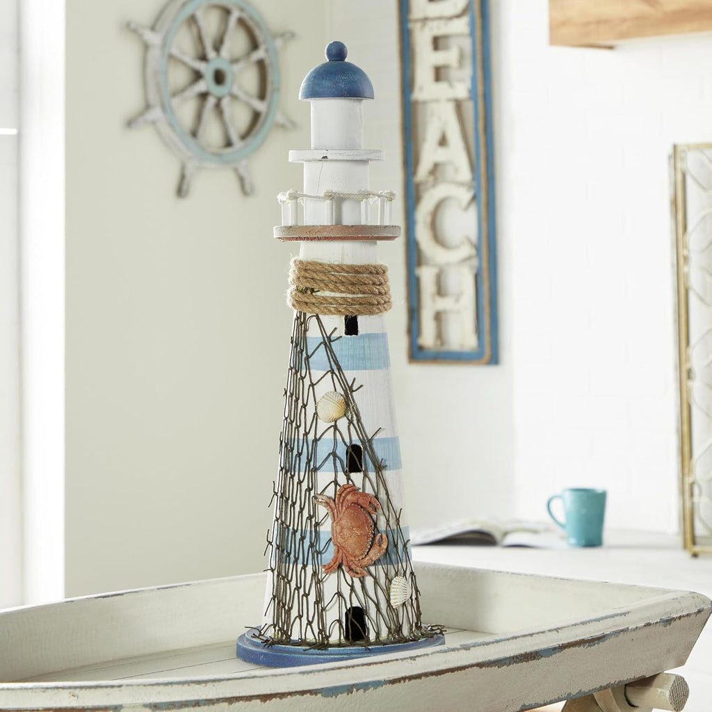 Deco 79 Wood Light House Decorative Sculpture Home Decor Statue with Netting, Accent Figurine 7" x 7" x 16", White
