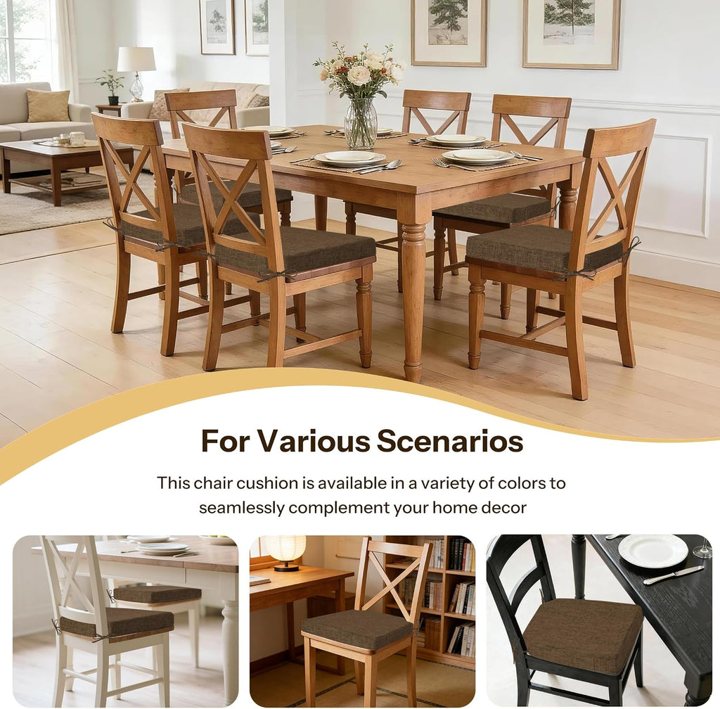 2.5 Inch Thick Dining Chair Cushions Set of 4 with Ties Non-Slip 16.5" x 16" Seat Cushions with Machine Washable Cover Comfy D-Shaped Kitchen Chair Pads Brown