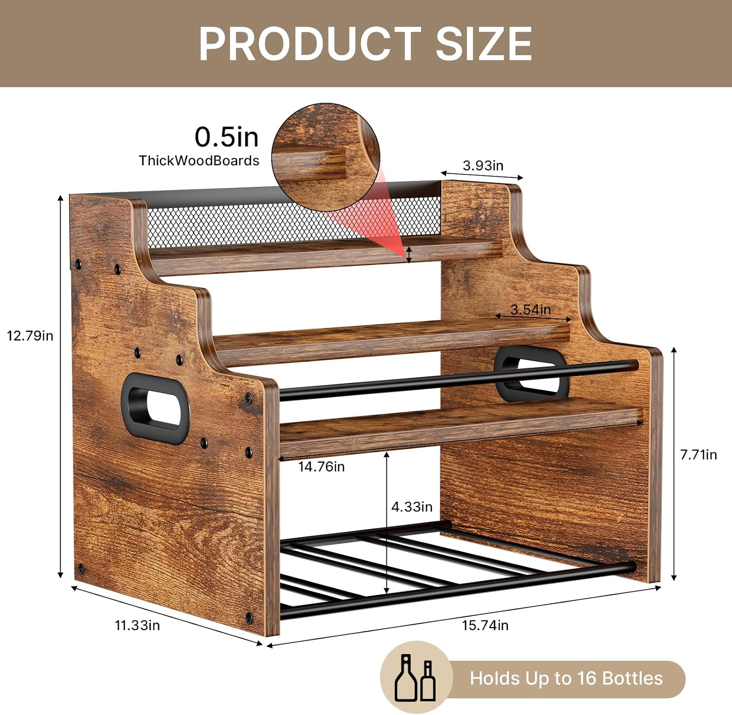4-Tier Wood Display Shelf Wine Rack for 16 Bottles Wood Coffee Syrup Organizer with Handles Home Whiskey Shelf Retro Mini Liquor Cabinet Spice Rack Coffee Bar Shelves, Brown