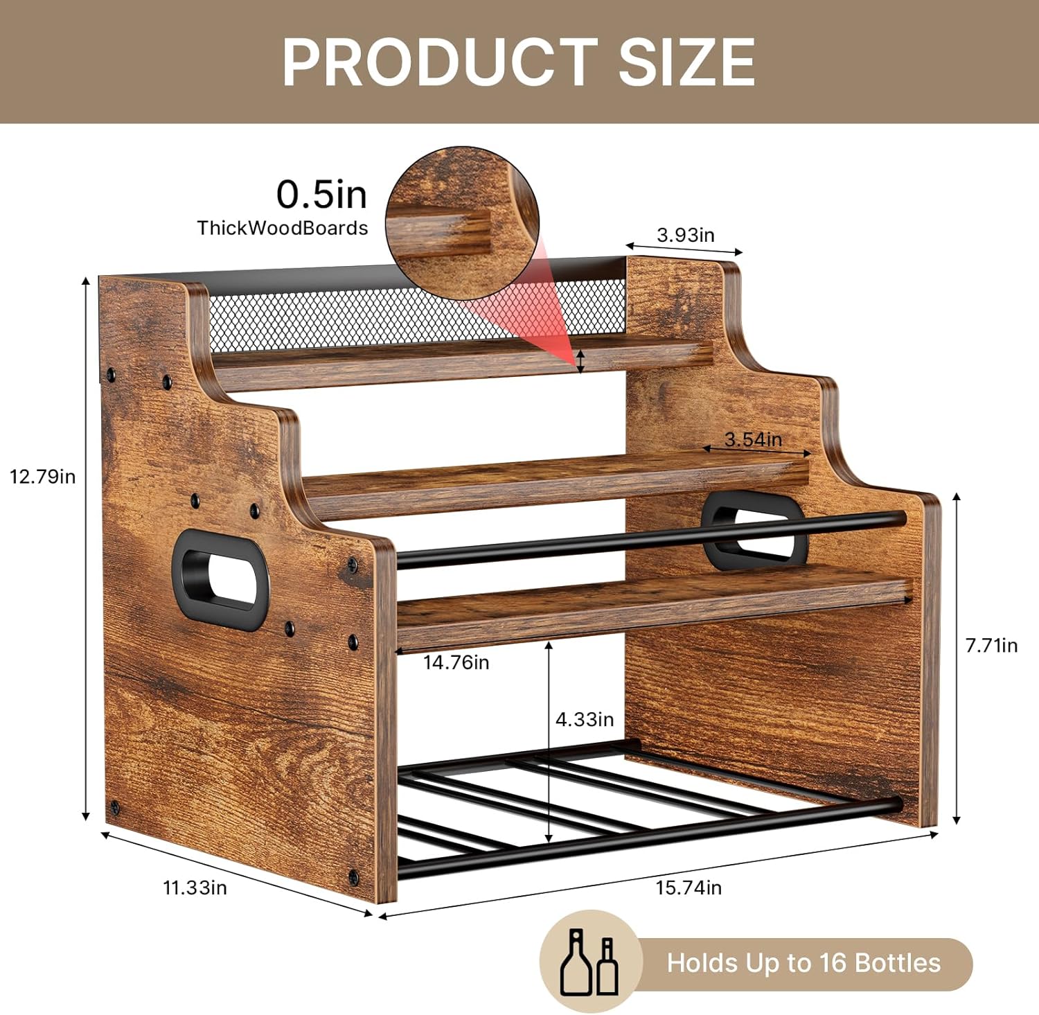 4-Tier Wood Display Shelf Wine Rack for 16 Bottles Wood Coffee Syrup Organizer with Handles Home Whiskey Shelf Retro Mini Liquor Cabinet Spice Rack Coffee Bar Shelves, Brown
