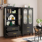 winiowa 61" Tall Kitchen Pantry Storage Cabinet, Black Metal Storage Cabinet with Adjustable Shelves & Glass Doors & Drawers, Food Pantry Cabinets for Kitchen, Bathroom, Dinning Room, Living Room