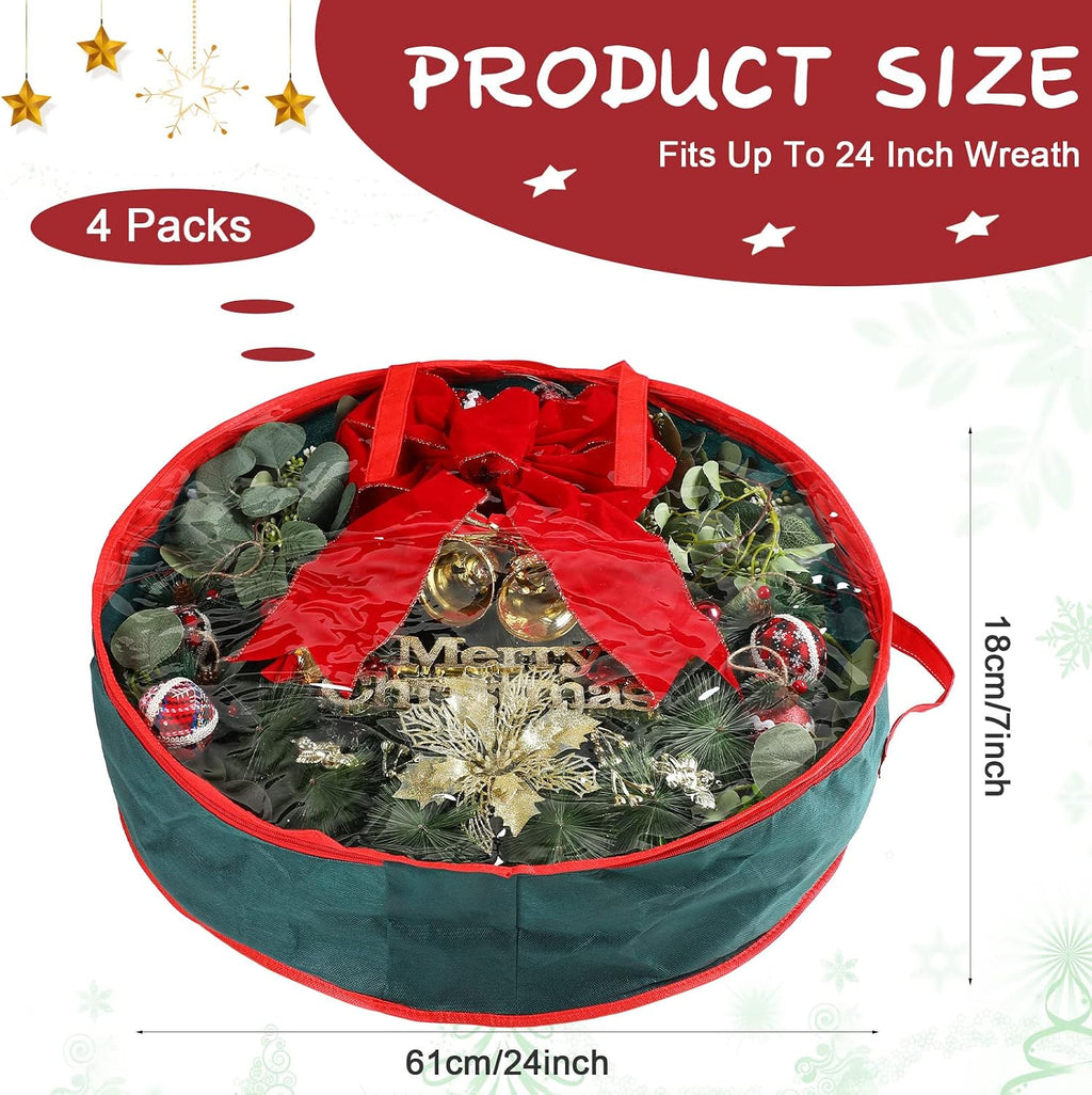 Coume 4 Pcs Christmas Wreath Storage Bag Garland Wreaths Container with Clear Window for Xmas Holiday Decorations Storage Protection Bags Resistant Water Box (24 Inch Diameter,7 Inch High)