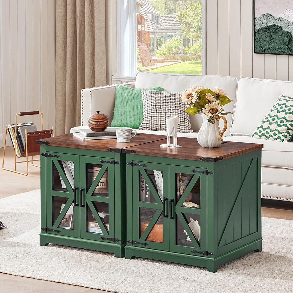 Joaxswe Farmhouse End Table with Charging Station, 24" Large Sofa Side Table with Glass Barn Door, Green Nightstand with Adjustable Storage Shelf, Wood Square Bedside Table for Living Room, Bedroom