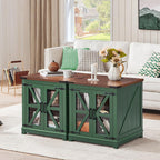 Joaxswe Farmhouse End Table, 24" Large Sofa Side Table with Charging Station Glass Barn Door, Wood Nightstand with Adjustable Storage Shelf, Square Bedside Table for Living Room, Bedroom, Office-Green