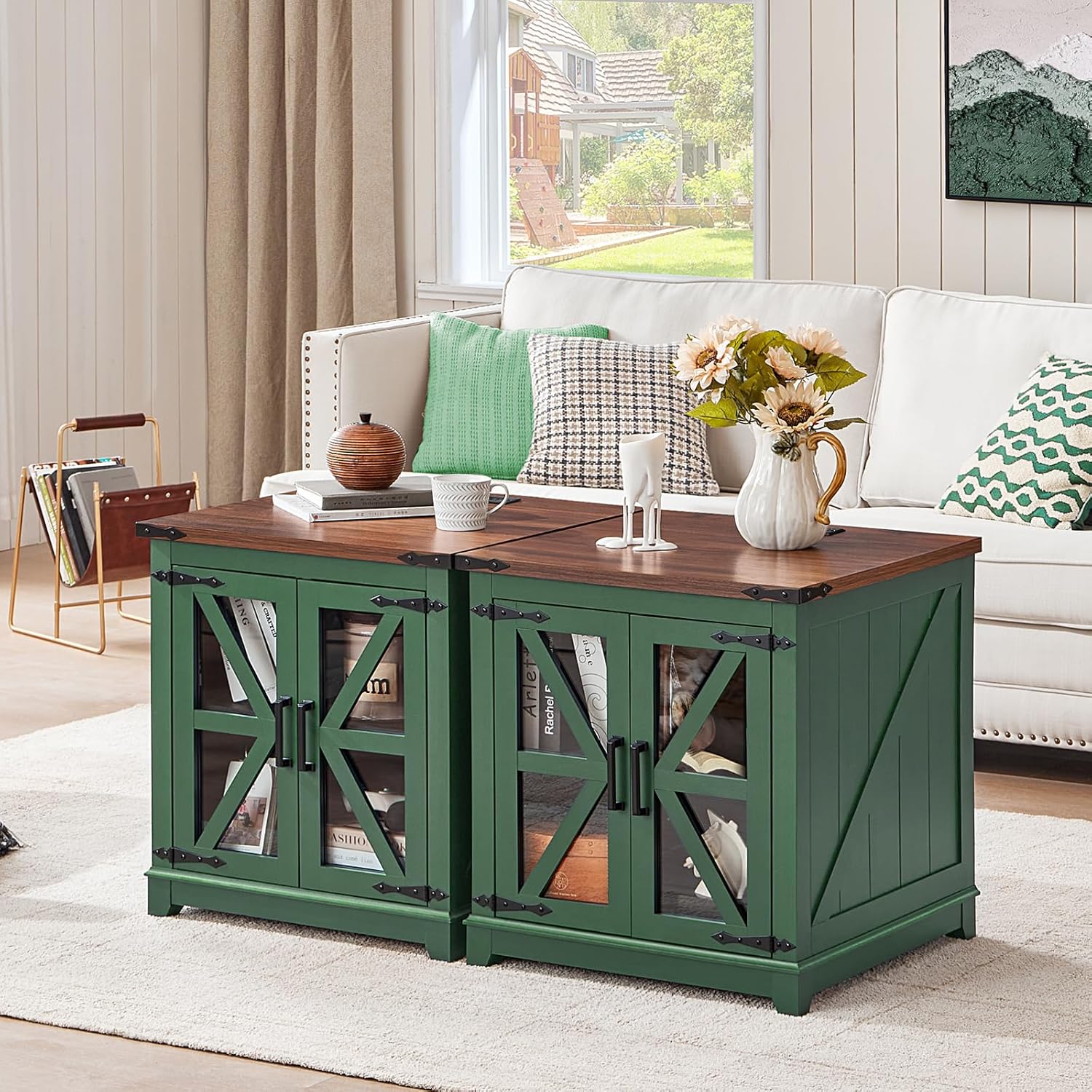 Joaxswe Farmhouse End Table with Charging Station Set 2, 24" Large Sofa Side Table with Glass Barn Door, Nightstand with Adjustable Storage Shelf, Wood Square Bedside Table for Living Room, Bedroom
