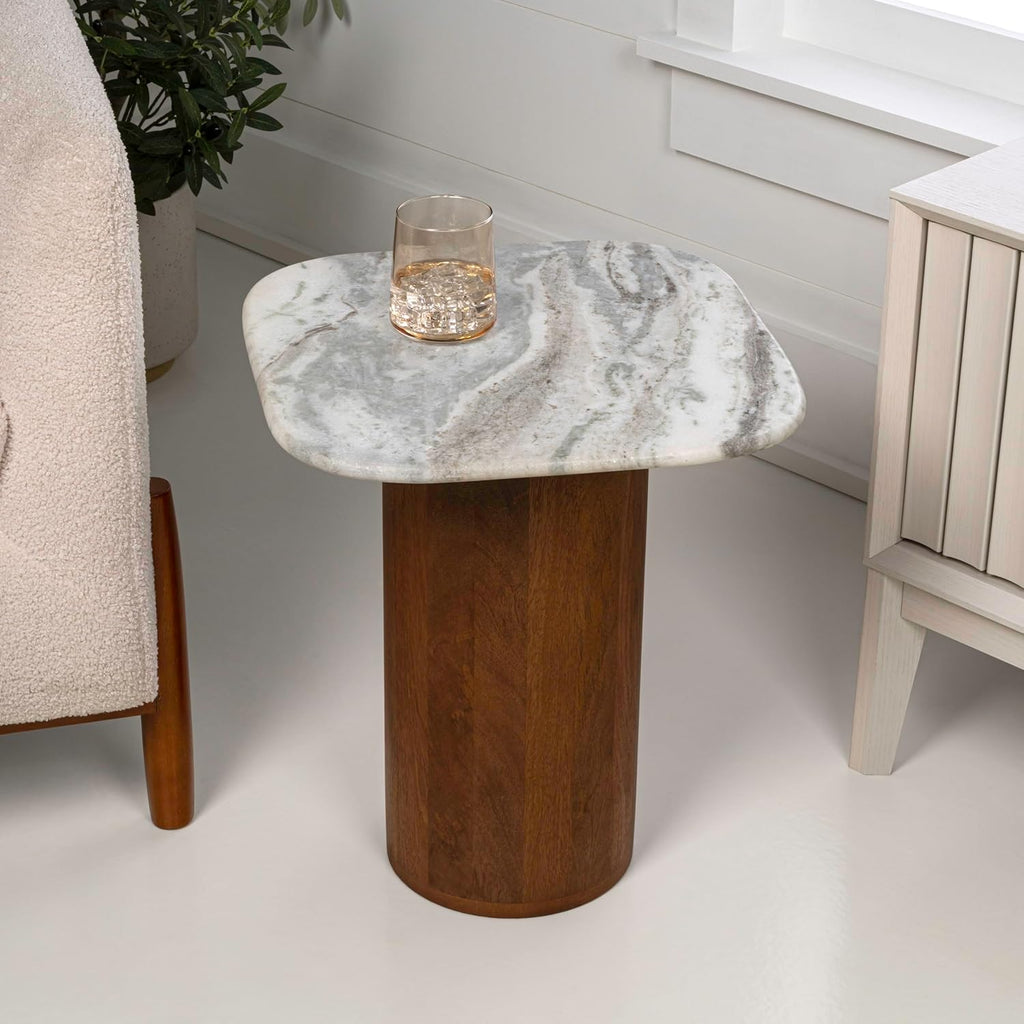 Eyely DNE5004B Dimitri 18" Rustic Minimalist Square Marble/Wood Accent Table, Side Table, End Table for Living Room, Bedroom, White Marble/Honey Wood