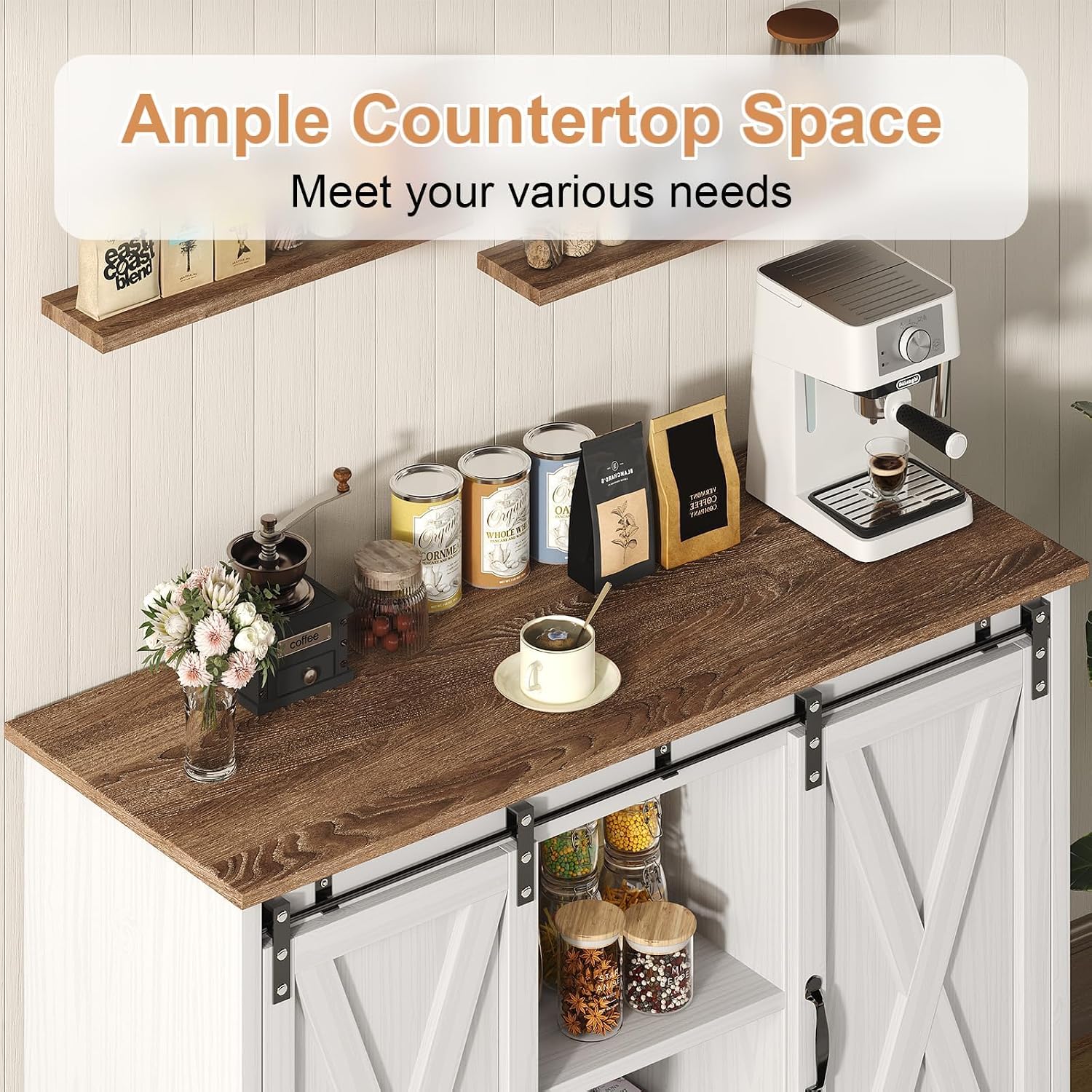 4 EVER WINNER Farmhouse Coffee Bar Cabinet, 42" Buffet Cabinet with Storage and Adjustable Shelf for Small Spaces, Coffee Station Cabinet with Sliding Barn Doors for Kitchen, Dining Room, White