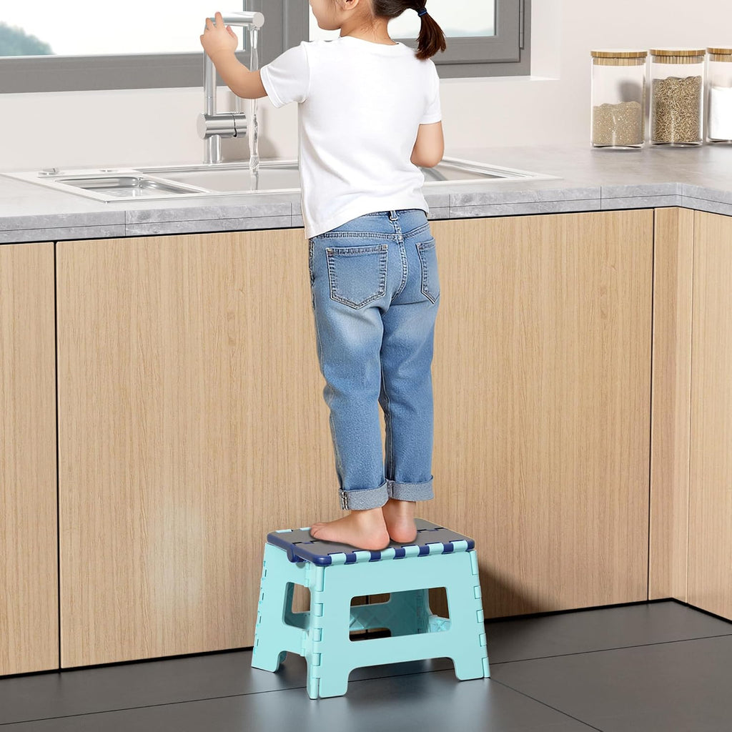 Cetomo 8.5 Inch Folding Step Stool, Plastic Durable Stool, Foldable Kitchen Stool for Adult, Portable Seat for Bedroom, Shelf, Heavy Duty, Blue, 1 Pack