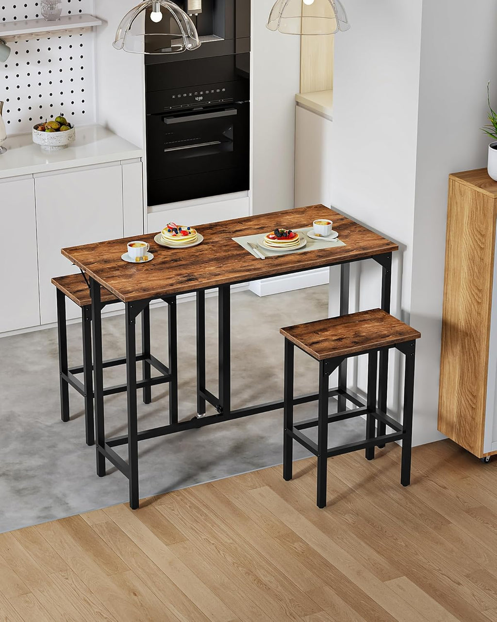 CHOEZON Bar Table and Stool Set, 39.4'' Folding Dining Table with 2 Stools, Industrial Style, for Restaurant, Living Room, Pub, Rustic Brown and Black TBT02BF