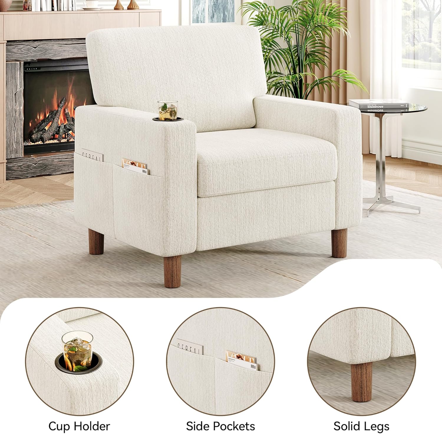 Mid Century Modern Accent Chairs Set of 2, Chenille Comfy Living Room Arm Chairs with Cup Holder, Cozy Single Sofa Reading Nook Chair for Bedroom, Easy Assembly Required, Off White