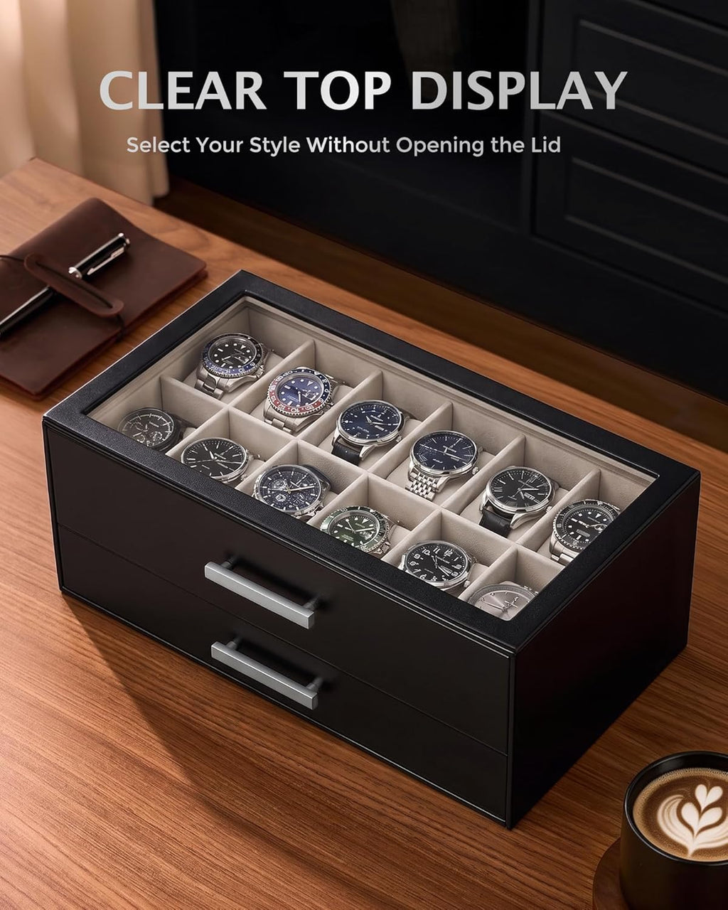 ProCase 14-Slot Watch Box, 2-Tier Pull-Out Drawers Display Case for Men with Clear Top Lid, Watches Jewelry Sunglass Storage Holder Organizer for Husband Dad, Gift Choice for Father's Day -Black