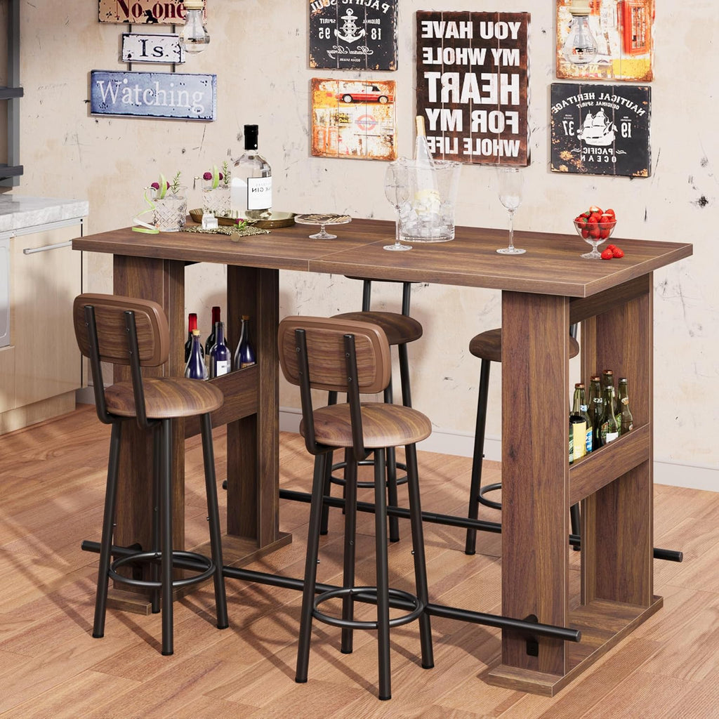 Garvee 63-Inch Bar Table, Wooden Home Coffee Bar Unit with Storage, Farmhouse Counter Height Pub Table with Metal Footrest for Home Kitchen, Dining Room, Bistro, Living Room, Walnut