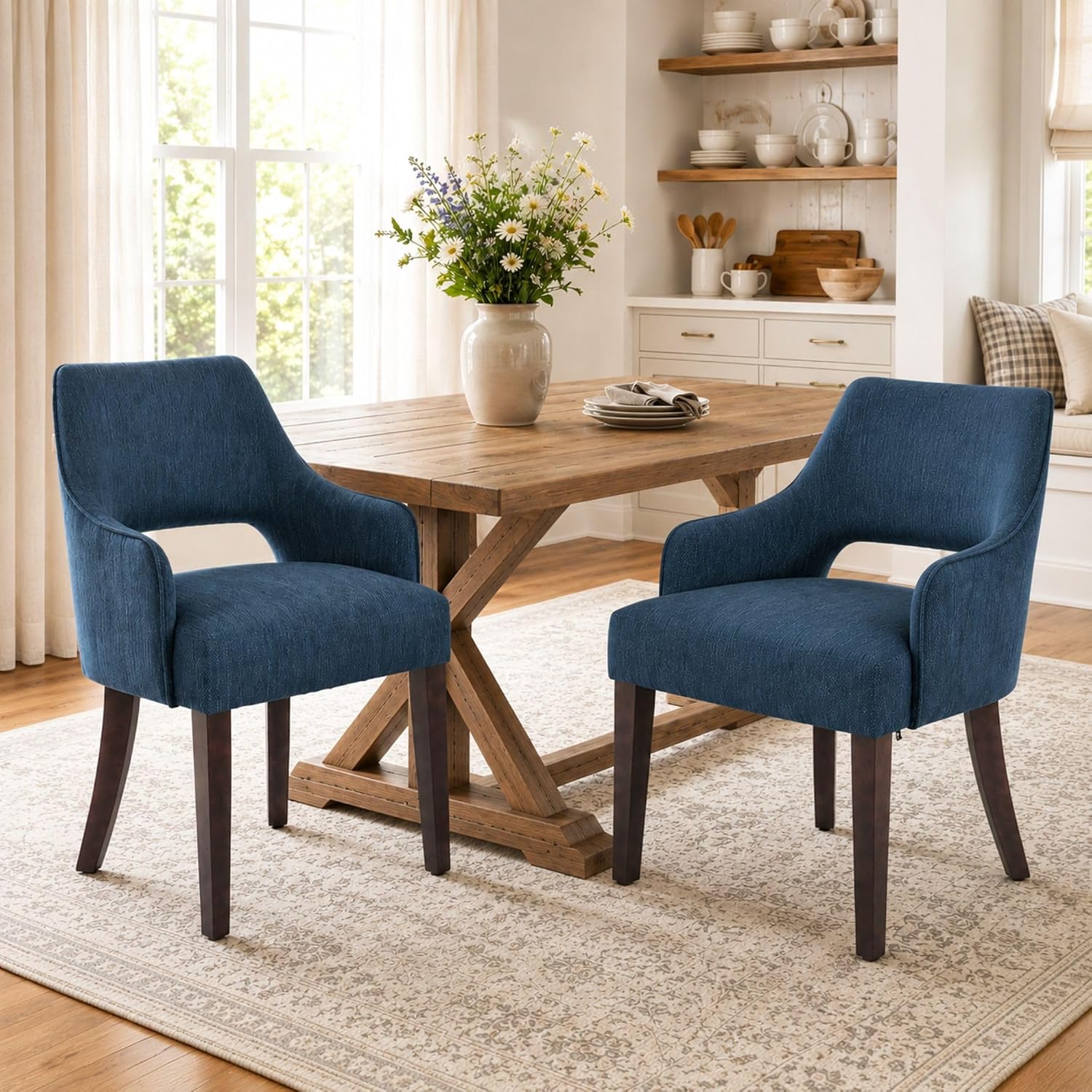 Blue Dining Chairs with Arms Set of 2, Farmhouse Upholstered Linen Dining Chairs, Curved Open Back Kitchen & Dining Room Chairs with Solid Wood Legs and Thick Cushion Seat, Blue