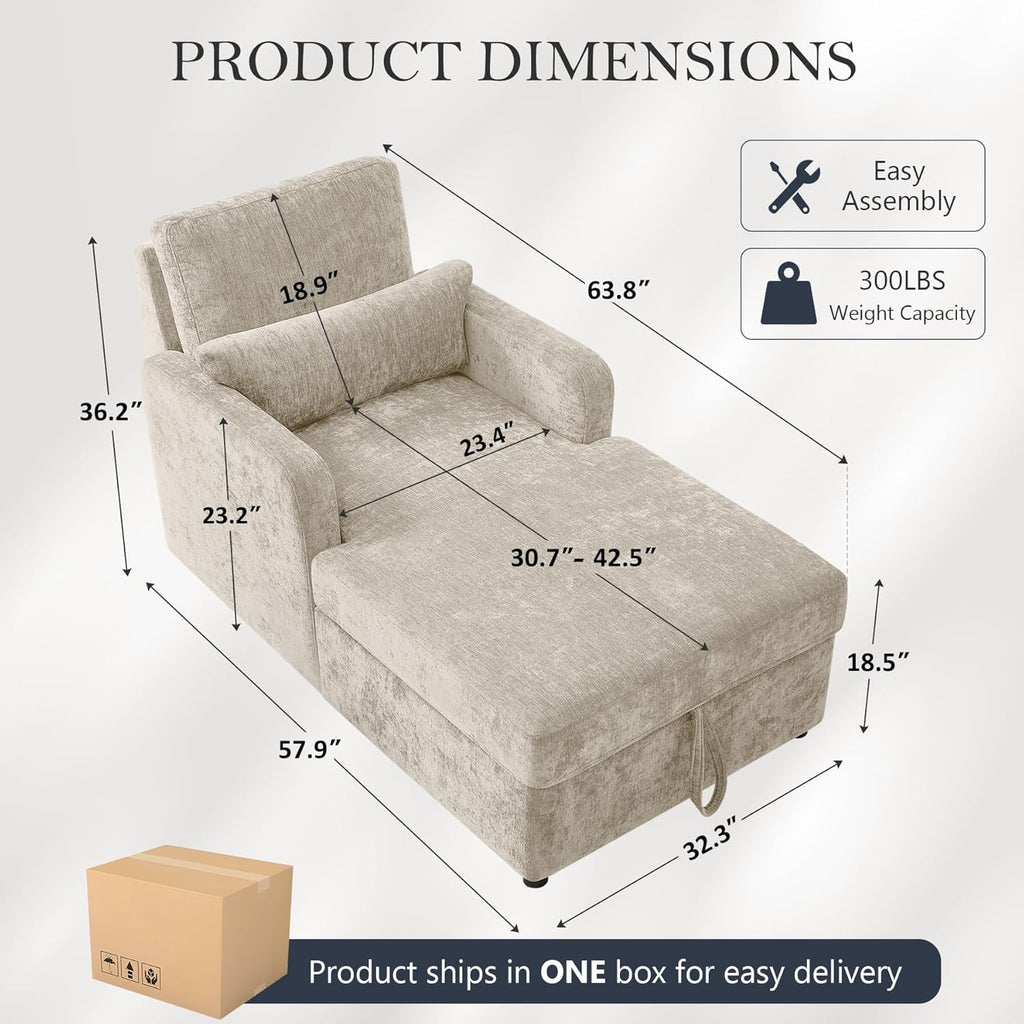 57.9" Oversized Chaise Lounge Chair Indoor, Chenille Reading Chair with Adjustable Backrest & Storage, Upholstered Comfy Sleeper Chair with 2 Pillows, Sofa Bed for Living Room, Bedroom, Camel
