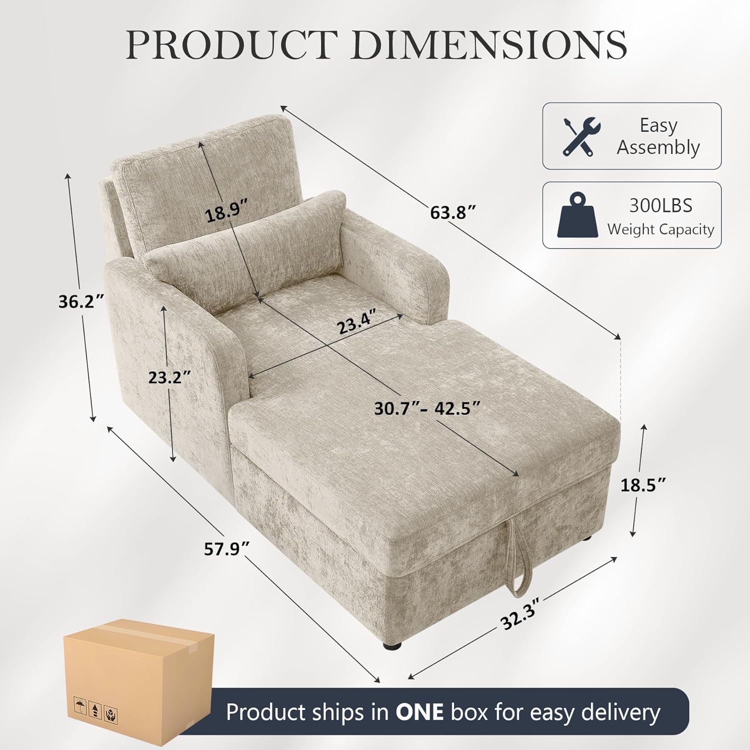 57.9" Oversized Chaise Lounge Chair Indoor, Chenille Reading Chair with Adjustable Backrest & Storage, Upholstered Comfy Sleeper Chair with 2 Pillows, Sofa Bed for Living Room, Bedroom, Camel