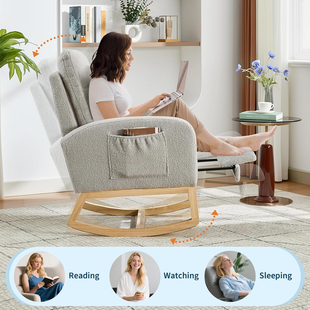 Modern Nursery Rocking Chair with Footrest,Teddy Upholstered Rocking Chair Comfortable Rocker Recliner with Side Pocket,Rocker Glider for Nursery,Grey