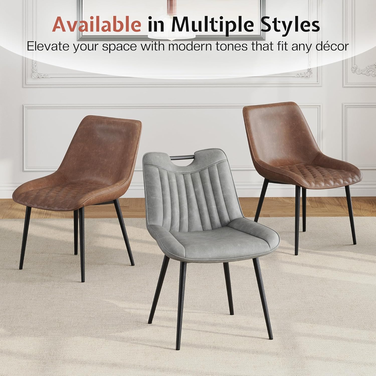 Jocisland Upholstered Faux Leather Dining Chairs Set of 4, Mid-Century Modern Kitchen & Dining Room Chairs with Curved Backrest, Cutout Handle, Metal Legs & Padded Seat, Grey