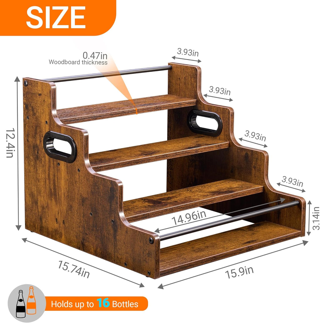 YQBRAO 4-Tier Liquor Bottle Display Shelf, Spice Rack - 16-Inch Coffee Syrup Organizer Rack - Heavy-Duty Countertop Bar Shelves for Liquor Whiskey, Spirits, Syrup Wine Dressing
