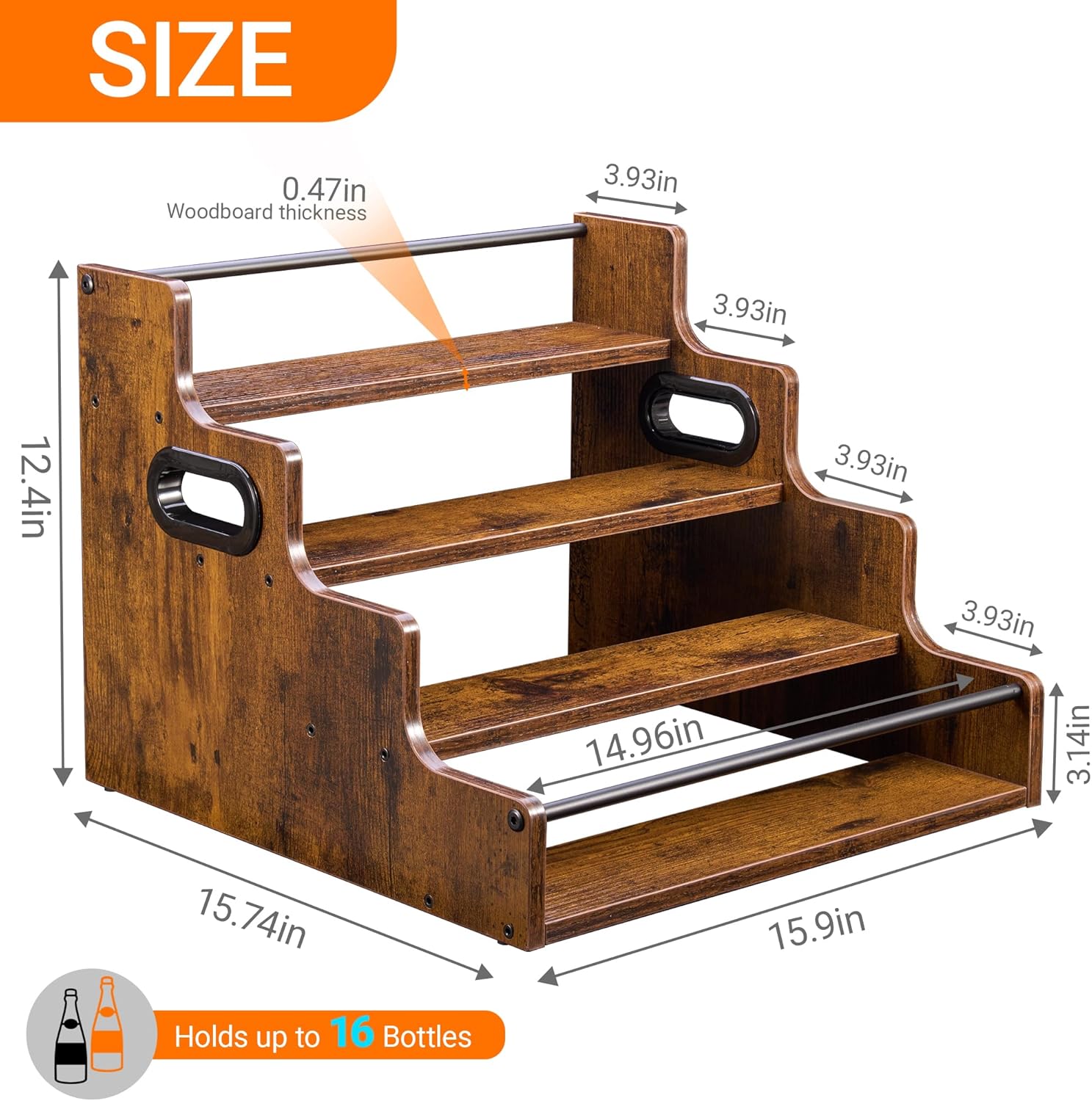 YQBRAO 4-Tier Liquor Bottle Display Shelf, Spice Rack - 16-Inch Coffee Syrup Organizer Rack - Heavy-Duty Countertop Bar Shelves for Liquor Whiskey, Spirits, Syrup Wine Dressing