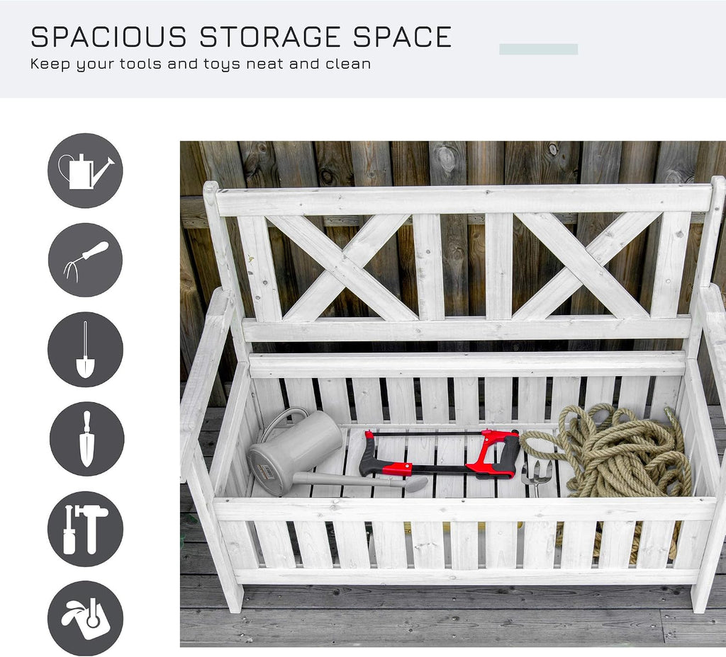 Patio Wooden Bench with Storage Box, 29 Gallon Outdoor Storage Bench, Large Entryway Deck Box w, Unique X Shape Back, for Deck, Porch Balcony, White