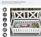 Patio Wooden Bench with Storage Box, 29 Gallon Outdoor Storage Bench, Large Entryway Deck Box w, Unique X Shape Back, for Deck, Porch Balcony, White
