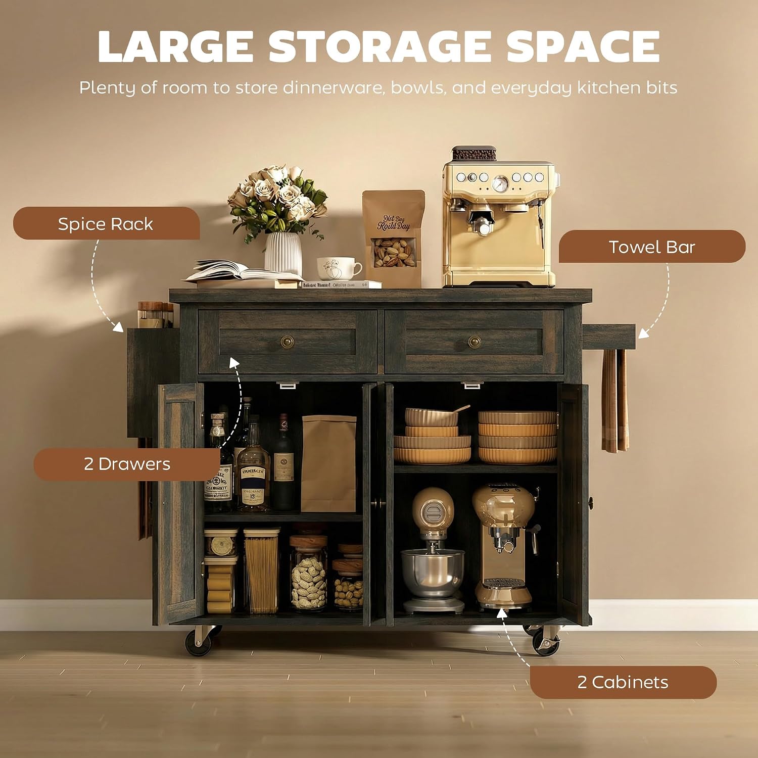HOMCOM Kitchen Island Cart with Solid Wood Top 44" Mobile Brown Oak | Kitchen Island Table, on Wheels, Storage Cabinets, 2 Drawers, Adjustable Shelves, Spice Rack & Towel Bar, for Dining Room