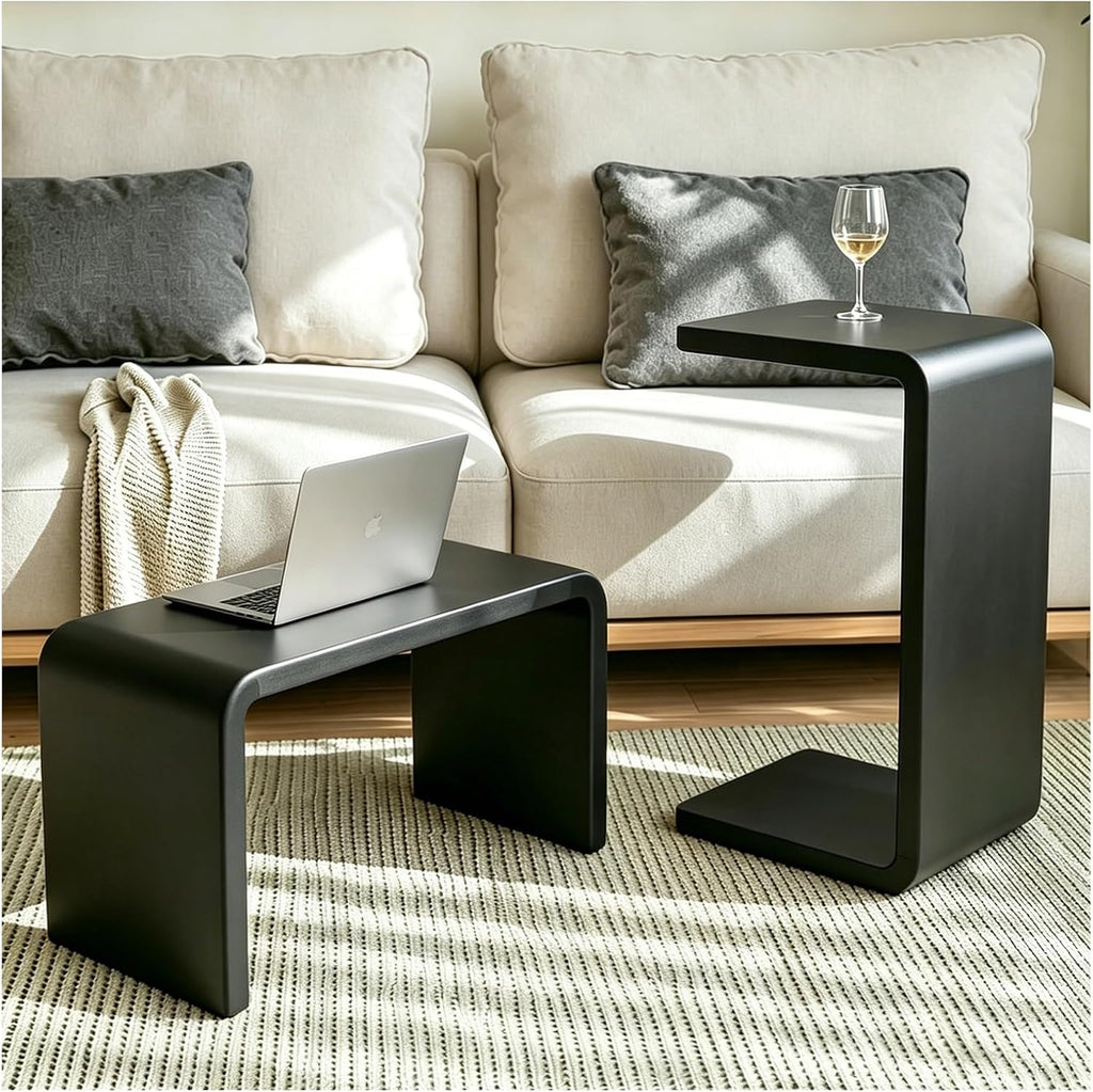 C-Shaped End Table, Wooden Narrow Couch Side Table for Laptops and Narrow Spaces, Small Solid Wood Sofa Side Table for Bedrooms, Offices Or Balconies（ 24in/27in Walnut ）(Black,B)
