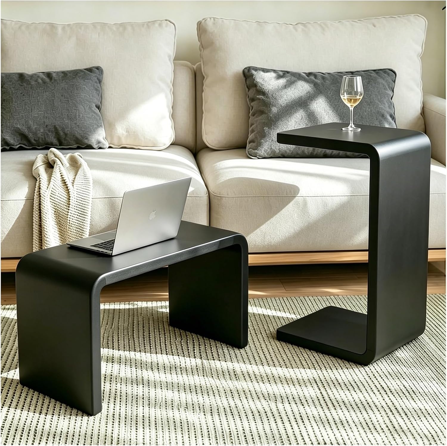 C-Shaped End Table, Wooden Narrow Couch Side Table for Laptops and Narrow Spaces, Small Solid Wood Sofa Side Table for Bedrooms, Offices Or Balconies（ 24in/27in Walnut ）(Black,B)