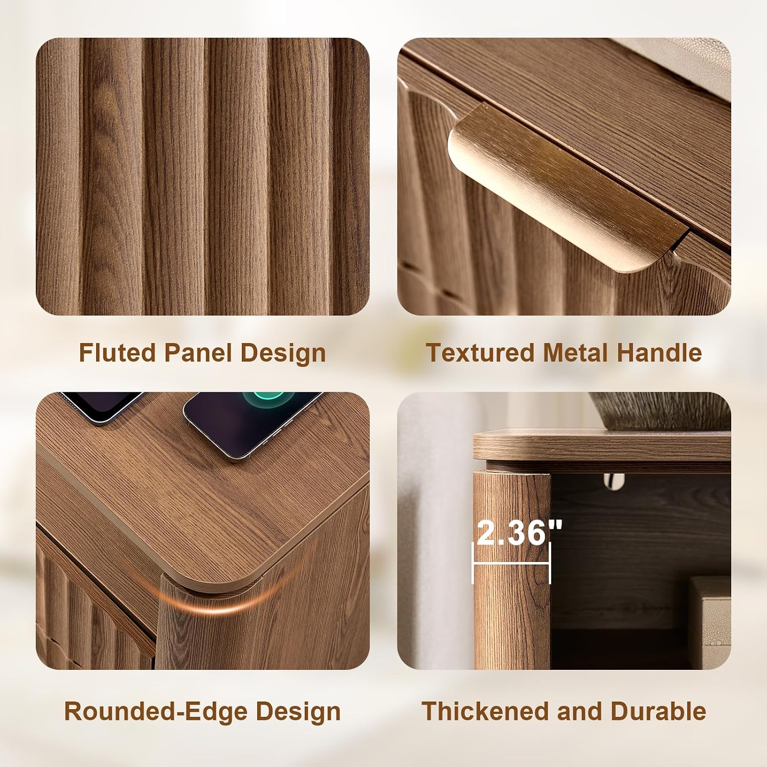 Night Stands Set of 2,Fluted Nightstands with Charging Station- Modern 2 Drawers Nightstand 23.8" Tall Bedside Table End Table, Large Night Stand for Bedroom, Sofa Side Table,Brown