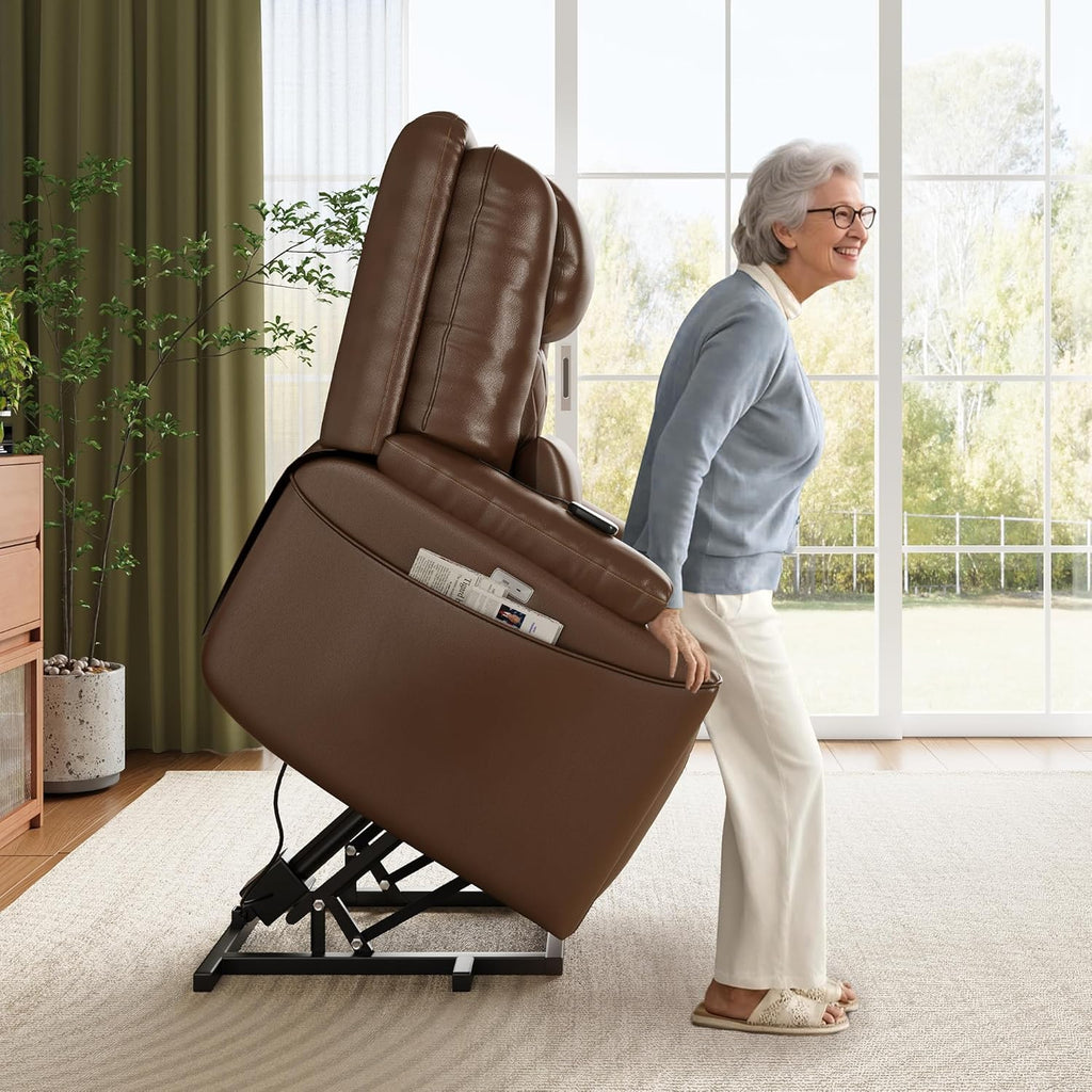 Garvee Power Lift Recliner Chair Sofa, PU Leather Reclining with Charging Ports, Cup Holders, Electric Stand Assist for Elderly, Home Theater Seating with Remote for Living Room, Brown