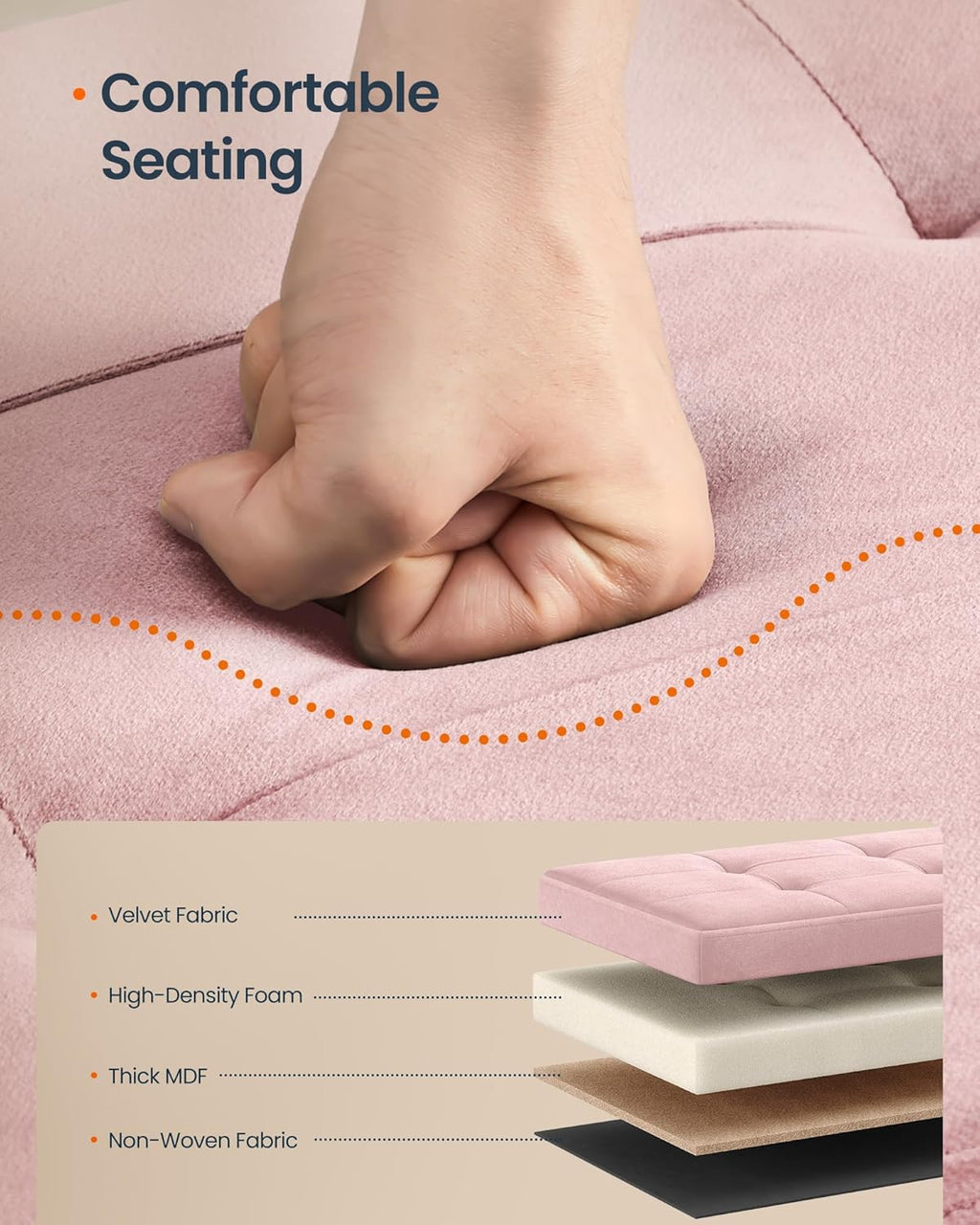 SONGMICS HOME Ottoman with Storage, Removable Lid, Folding Storage Chest, Easy Assembly, for Entryway, Bedroom, Living Room, 15.2 x 30.2 x 15.2 Inches, Velvet, Pink