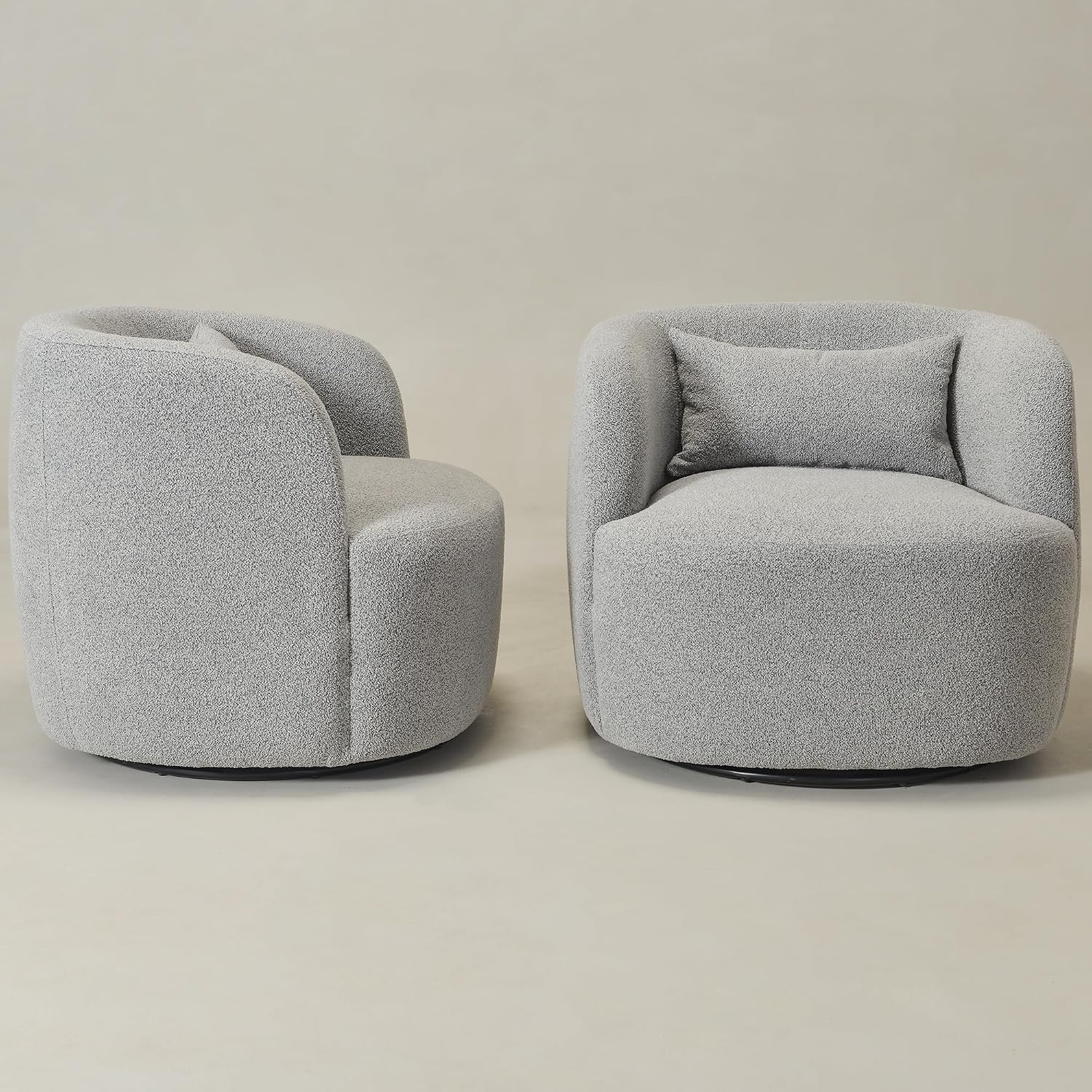 KINWELL 34" Wide Sherpa Swivel Barrel Chairs Set of 2, No Assembly Round Boucle Upholstered Accent Chairs Armchairs Single Sofa Chair with Toss Pillow for Living Room and Bedroom, Gray