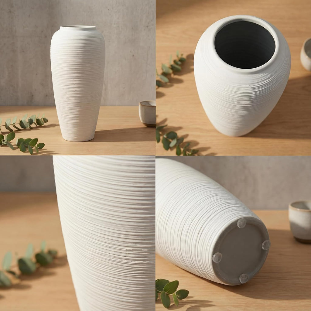 Off-White 12.6” Ceramic Vase for Home Decor, Farmhouse & Boho Decorative Pottery Vase for Table Centerpiece, Mantel, Shelf, Living Room, Kitchen, and Entryway (White Ribbed - 12.6" Tall)
