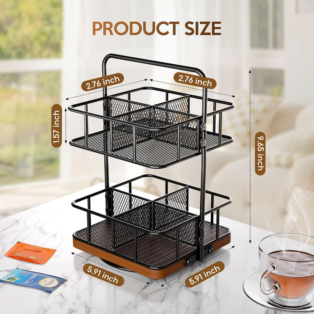 Rotating Tea Bag Organizer – 2 Tier 8 Basket 360° Spinning Teabag Holder Organizer, Acacia Wood Iron Countertop Tea Accessories Rack Holds 100+ Tea Bags, Decorative Kitchen, Coffee Bar Organizer Gift